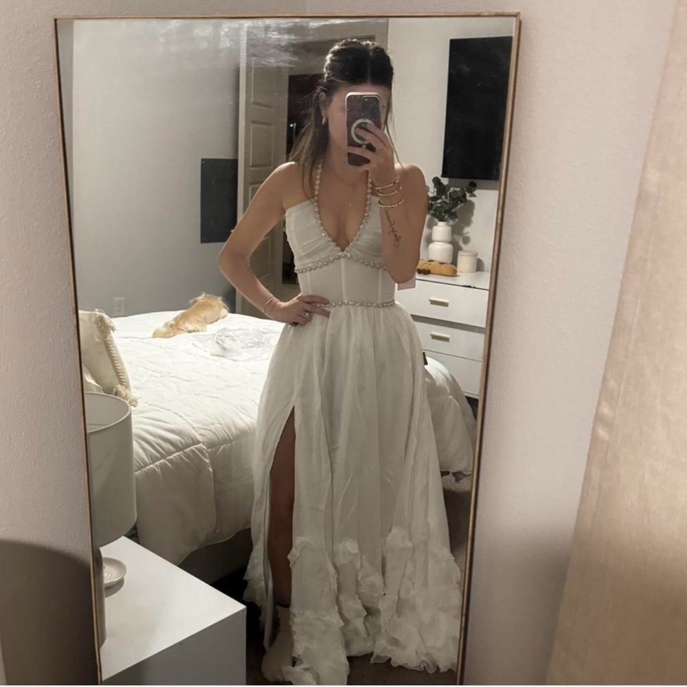 V. Chapman White Maxi Dress with Halter Neckline